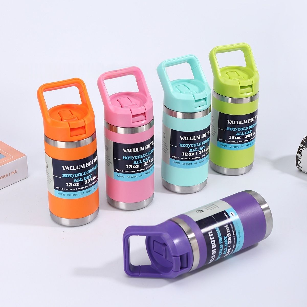 12oz Stainless Steel Kids Thermos Cup - Leak-Proof with Handle & Foldable Straw