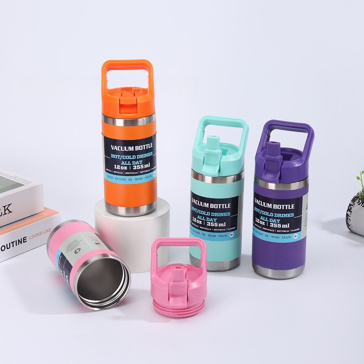 12oz Stainless Steel Kids Thermos Cup - Leak-Proof with Handle & Foldable Straw