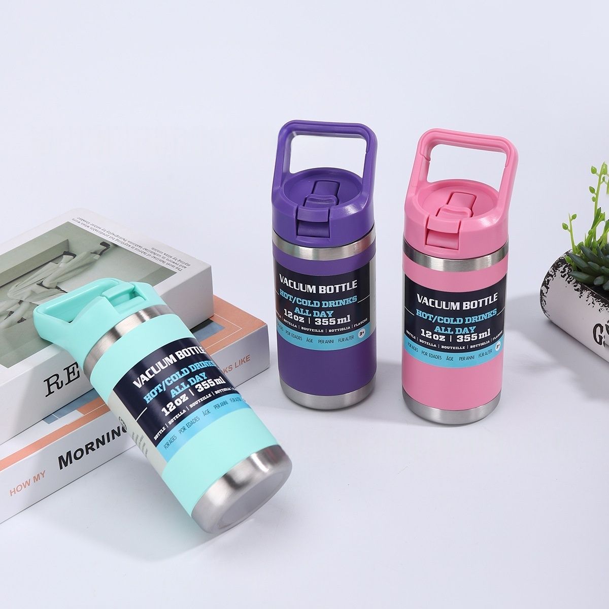 12oz Stainless Steel Kids Thermos Cup - Leak-Proof with Handle & Foldable Straw