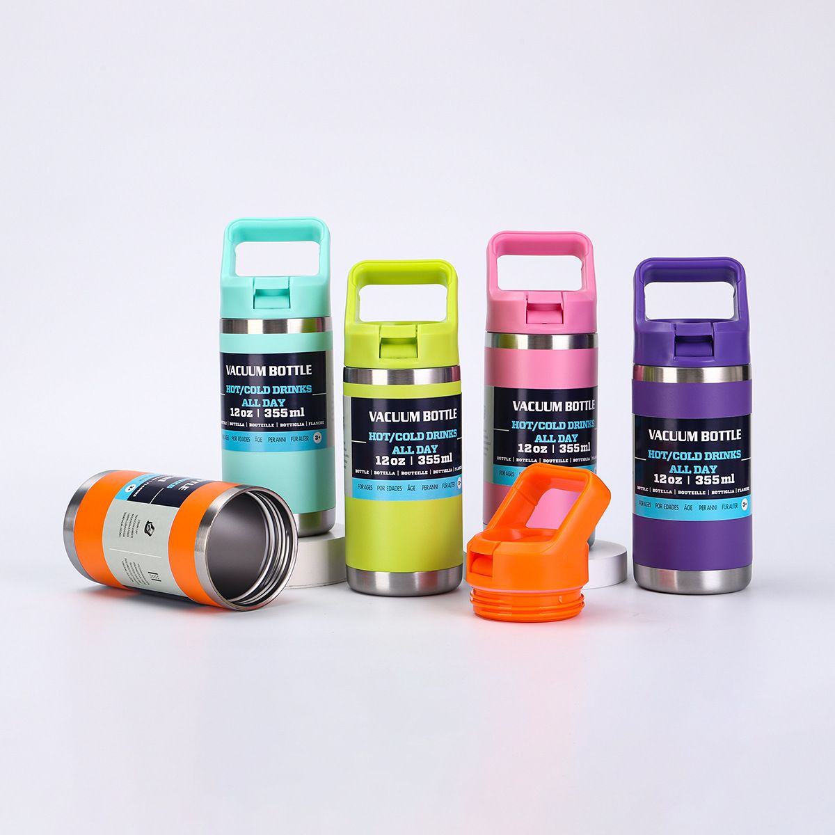 12oz Stainless Steel Kids Thermos Cup - Leak-Proof with Handle & Foldable Straw