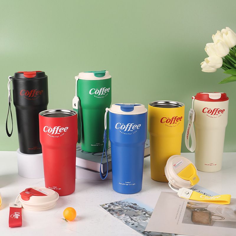 Portable Double - Wall Stainless Steel Coffee Cup with Flip Lid & Strap, 420ml/620ml, Ideal for Outdoor & Indoor Use