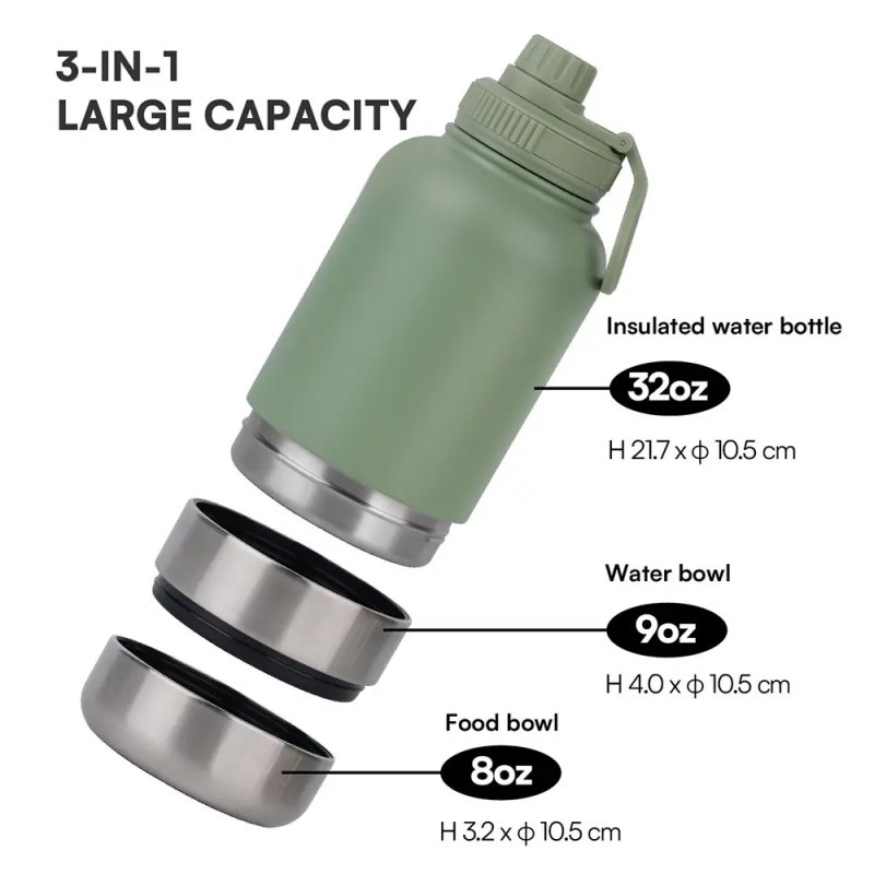 Portable Pets Feeder Water Bottles 32oz 3 in 1 Stainless Steel Insulated Travel Dog Bottle with Handle and Storage