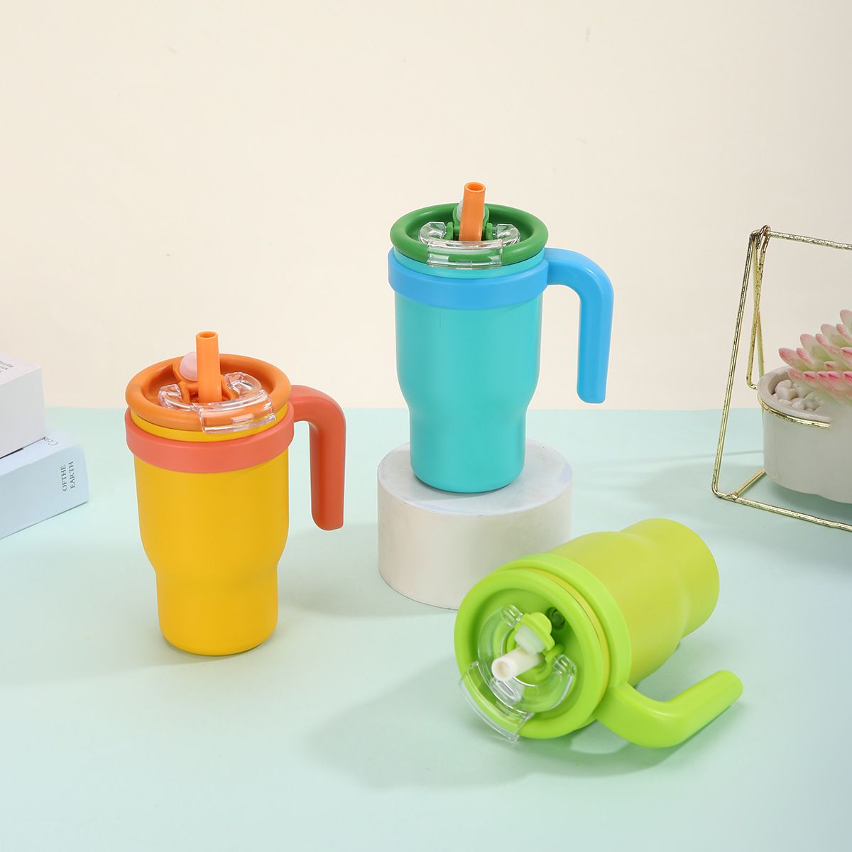 14oz Vacuum Insulated Kids Stainless Steel Tumbler – BPA-Free Dual-Drink Cup with Handle & Foldable Lid